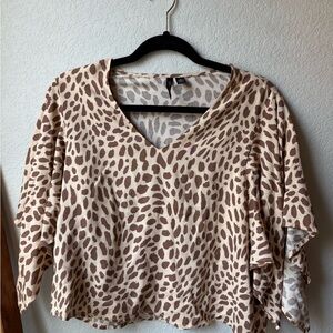 Versona Beige and Brown Patterned V-Neck Blouse